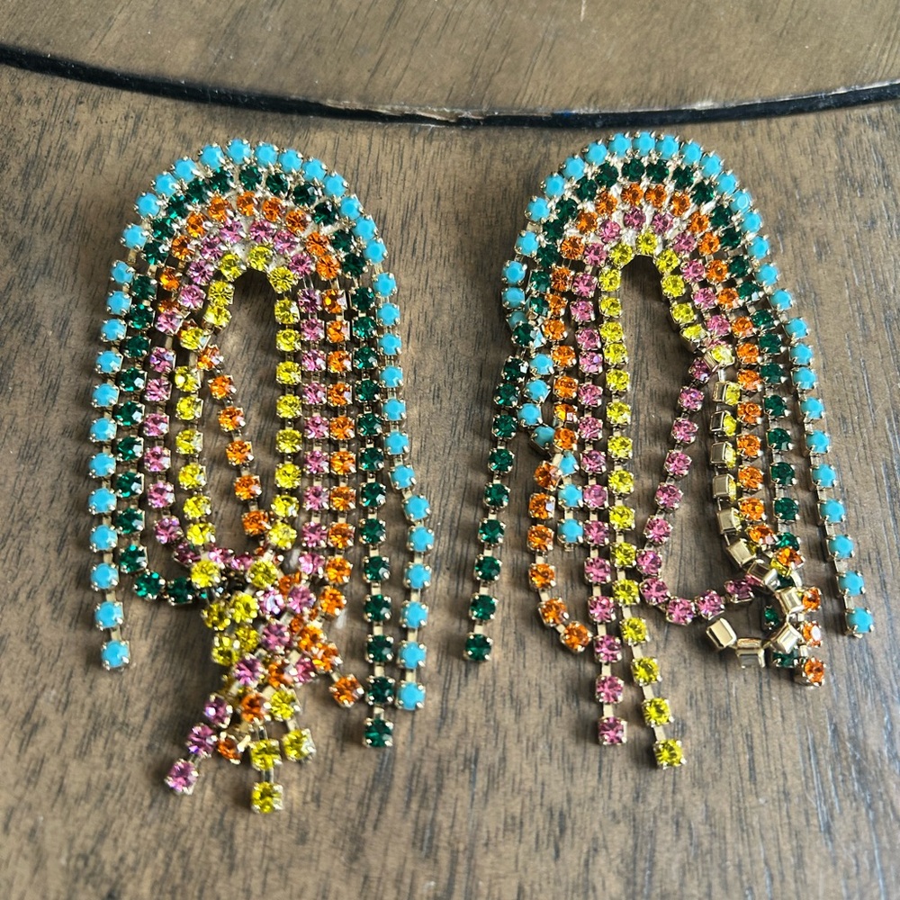 Multicolor Crystal Fringe Earrings in Turquoise, Pink & Yellow